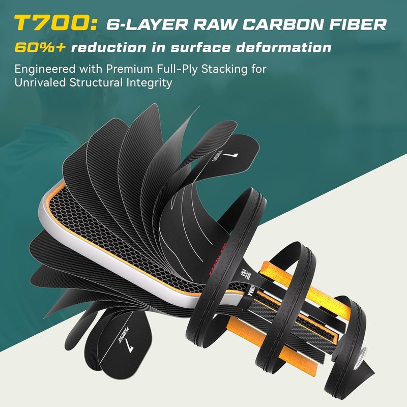 YVMOVE مضرب بيكلبول بسطح من ألياف الكربون الخام T700 ونواة بوليمر STR-Core بسمك 16 مم، مضرب بيكل بول متميز مصمم لتحقيق أقصى دوران وثبات، معتمد من USAPA - Image 2